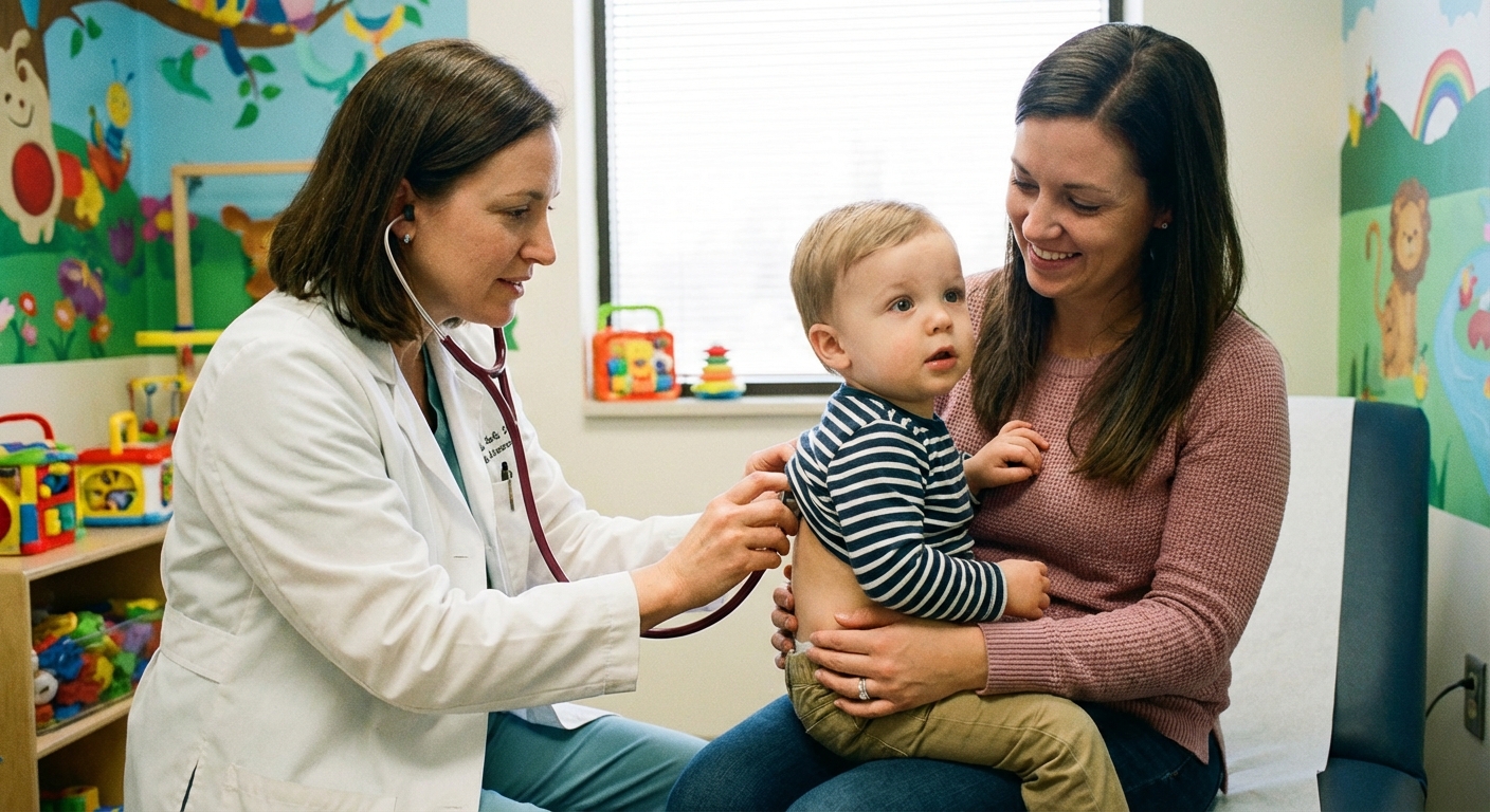 Pediatrician listening to a toddler’s lungs with a stethoscope while the child sits on a parent’s lap