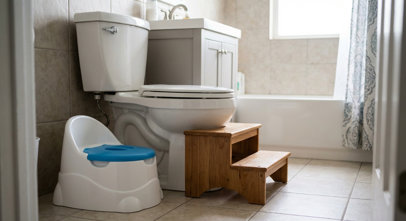 Small potty chair next to a toilet with a step stool in a family bathroom