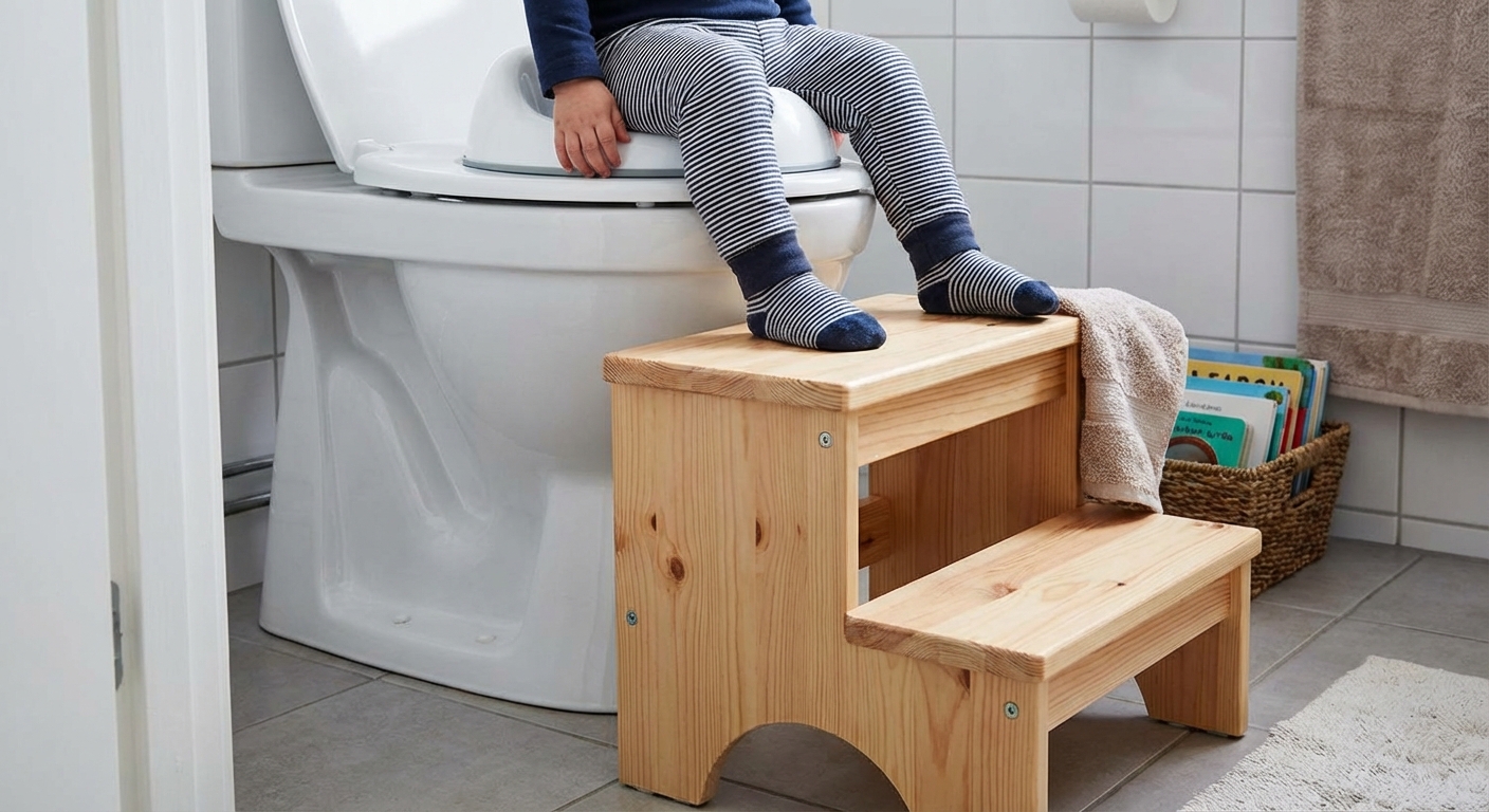 Step stool in front of a toilet for a toddler to sit with feet supported