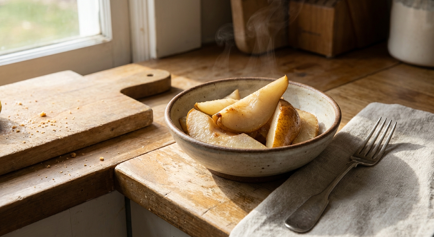 Thick pear wedges cooling in a small bowl with a fork nearby, soft texture visible, natural kitchen lighting, realistic photo