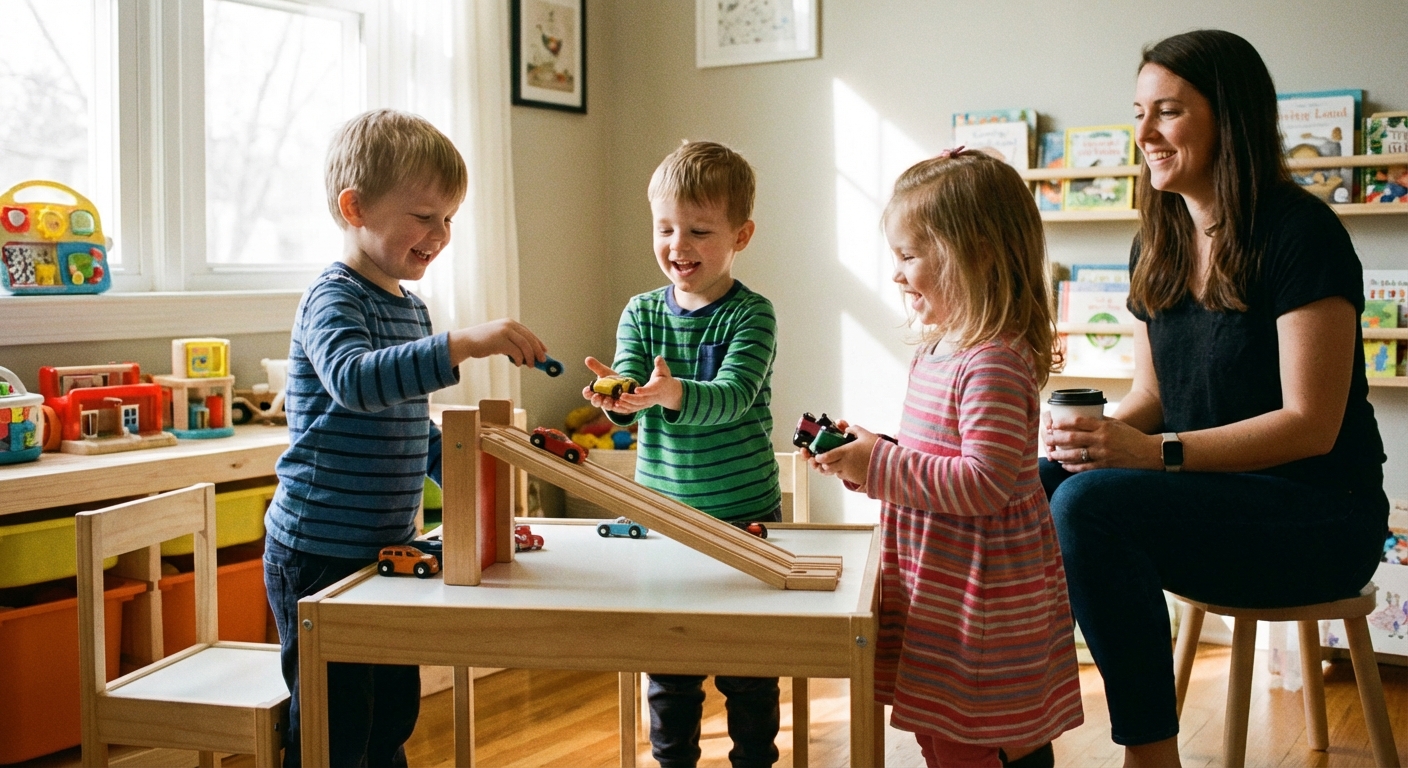 Three preschoolers playing with toy cars and a ramp at a small table while an adult supervises nearby