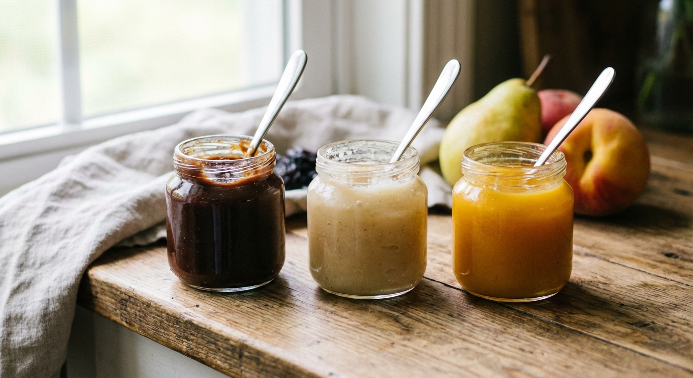 Three small glass baby food jars on a countertop filled with prune puree, pear puree, and peach puree, soft natural light, realistic food photography