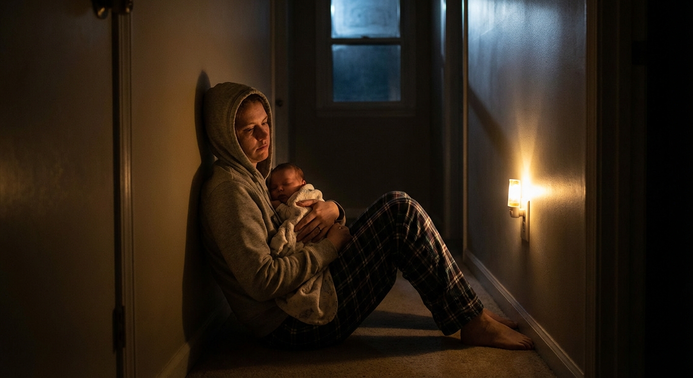 Tired parent holding a baby in a dim hallway at night