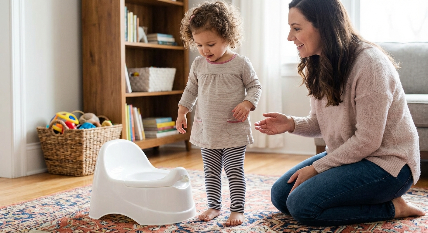 Toddler girl standing by a small potty chair while a parent kneels nearby