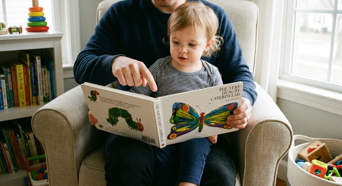 Toddler holding a board book open while a parent points to a picture