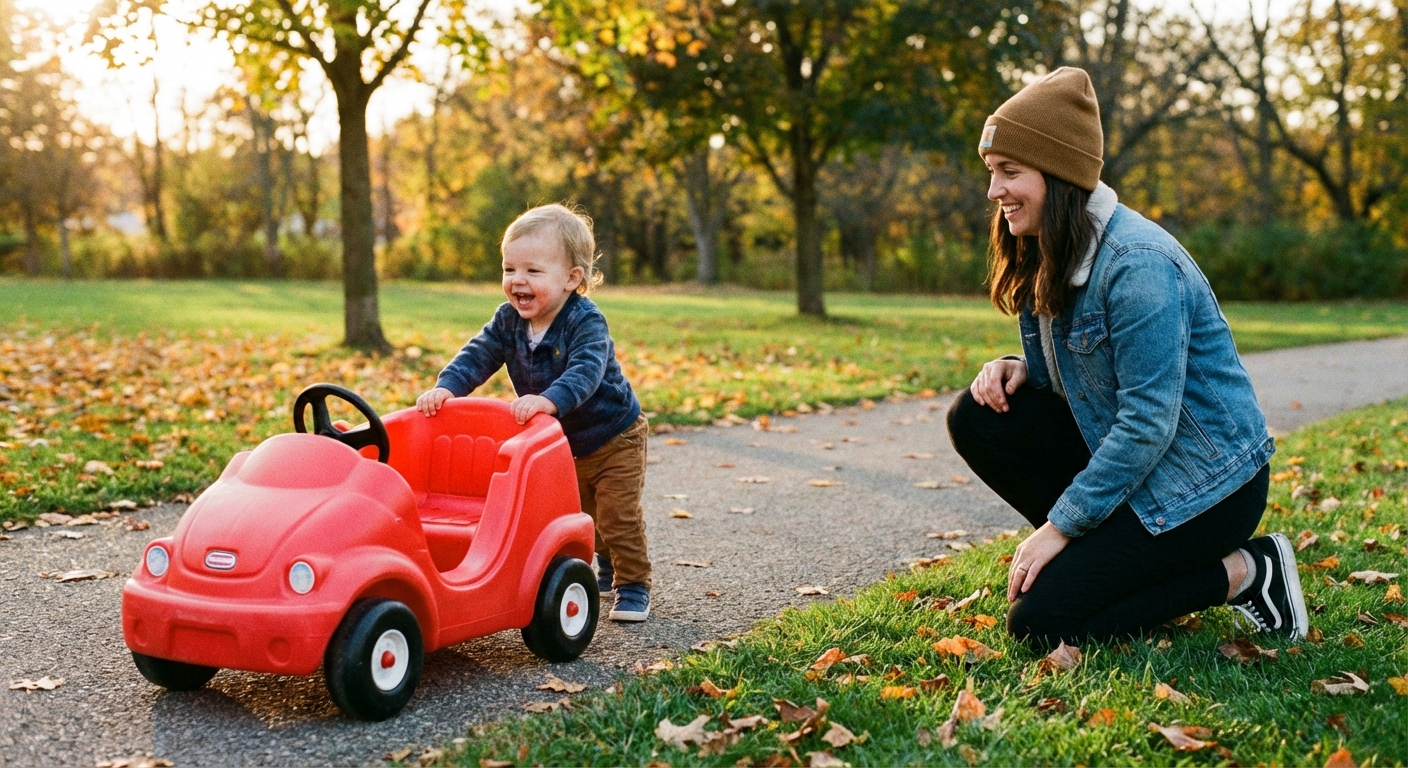 Toddler pushing a toy car while a parent watches nearby