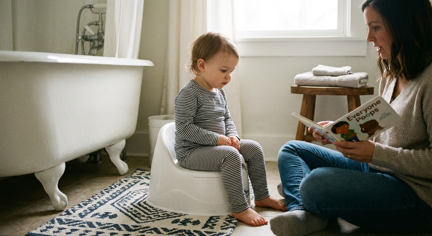 Toddler sitting clothed on a potty chair while a parent reads a book