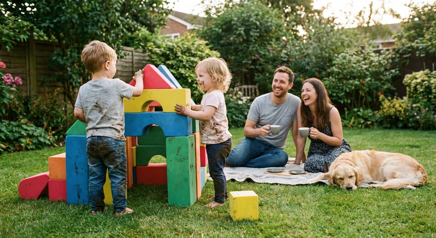 Two toddlers playing with large foam blocks outside while parents supervise nearby