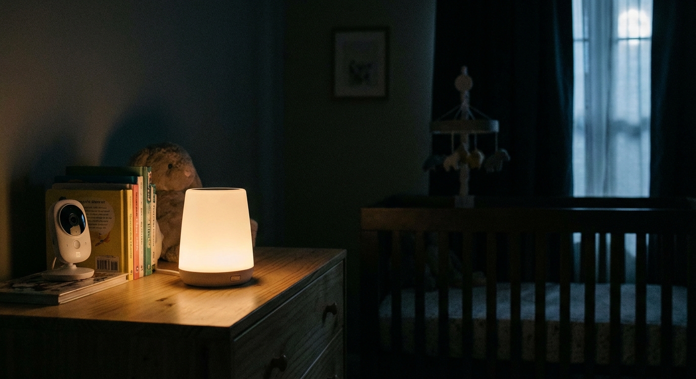 White noise machine on a dresser in a dark nursery